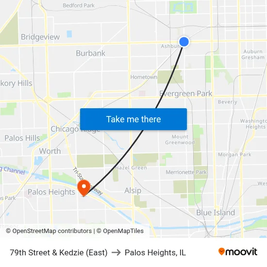 79th Street & Kedzie (East) to Palos Heights, IL map