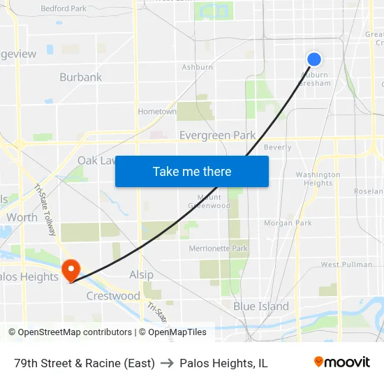 79th Street & Racine (East) to Palos Heights, IL map