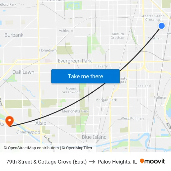 79th Street & Cottage Grove (East) to Palos Heights, IL map