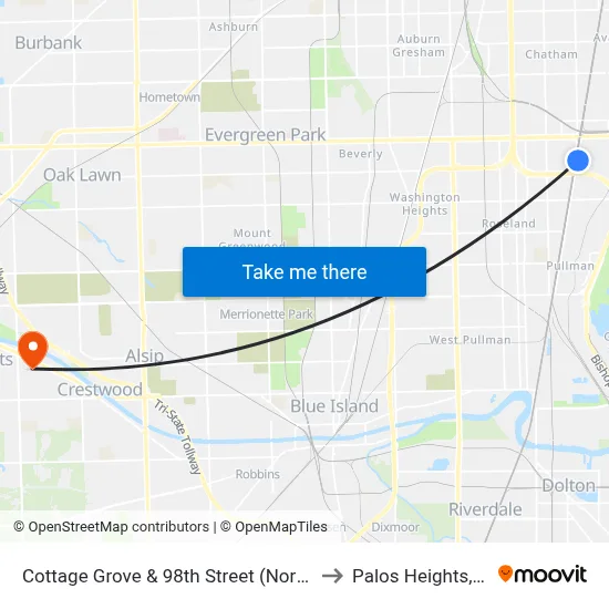 Cottage Grove & 98th Street (North) to Palos Heights, IL map