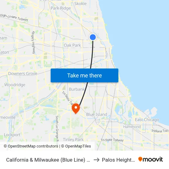 California & Milwaukee (Blue Line) (South) to Palos Heights, IL map