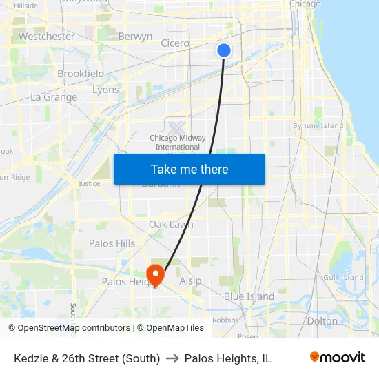 Kedzie & 26th Street (South) to Palos Heights, IL map