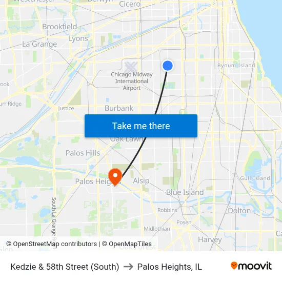 Kedzie & 58th Street (South) to Palos Heights, IL map