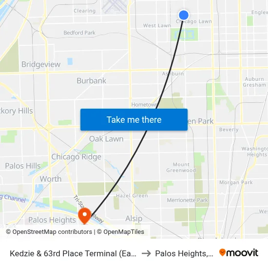Kedzie & 63rd Place Terminal (East) to Palos Heights, IL map