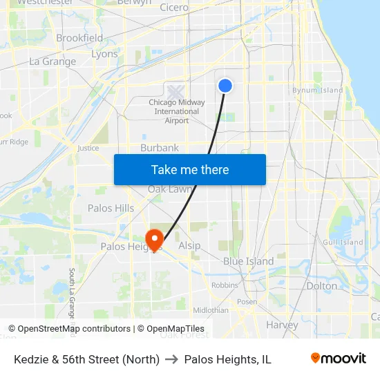 Kedzie & 56th Street (North) to Palos Heights, IL map