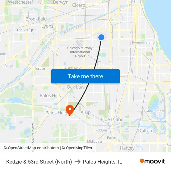 Kedzie & 53rd Street (North) to Palos Heights, IL map