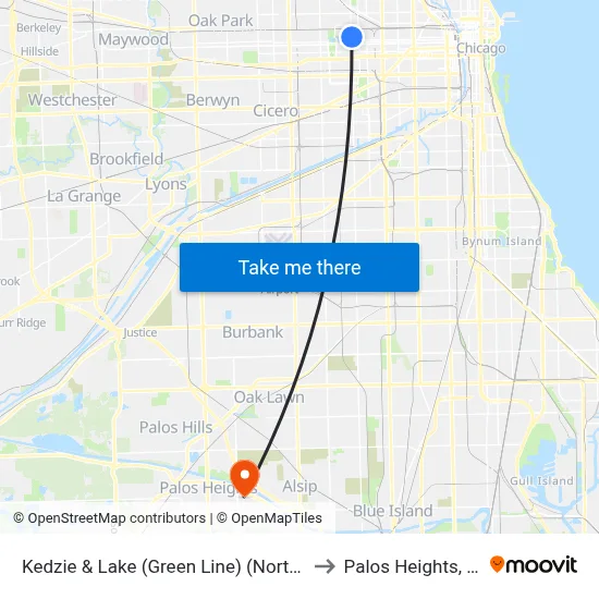 Kedzie & Lake (Green Line) (North) to Palos Heights, IL map