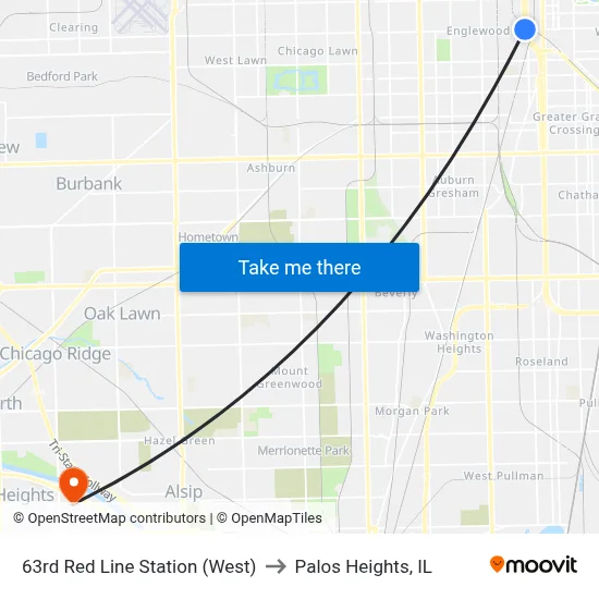 63rd Red Line Station (West) to Palos Heights, IL map