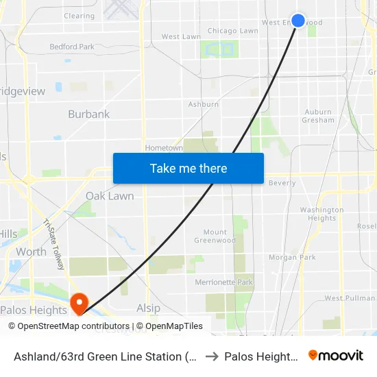 Ashland/63rd Green Line Station (West) to Palos Heights, IL map