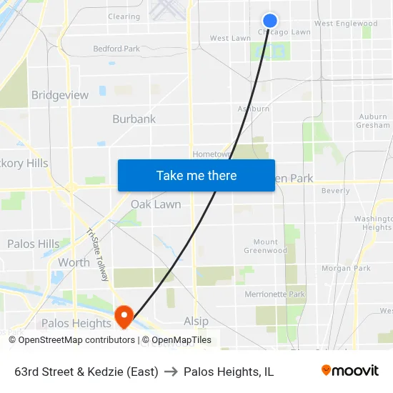 63rd Street & Kedzie (East) to Palos Heights, IL map
