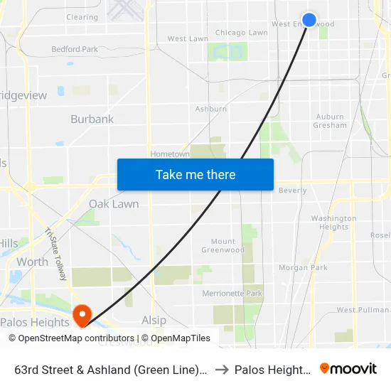 63rd Street & Ashland (Green Line) (East) to Palos Heights, IL map