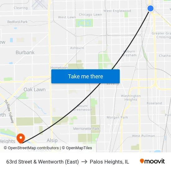 63rd Street & Wentworth (East) to Palos Heights, IL map
