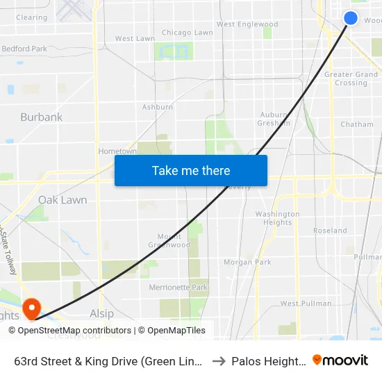 63rd Street & King Drive (Green Line) (East) to Palos Heights, IL map
