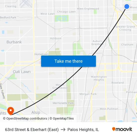 63rd Street & Eberhart (East) to Palos Heights, IL map