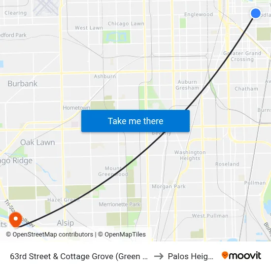 63rd Street & Cottage Grove (Green Line) (East) to Palos Heights, IL map