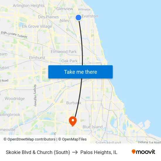 Skokie Blvd & Church (South) to Palos Heights, IL map