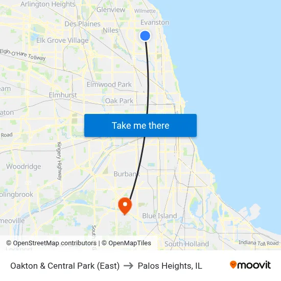 Oakton & Central Park (East) to Palos Heights, IL map