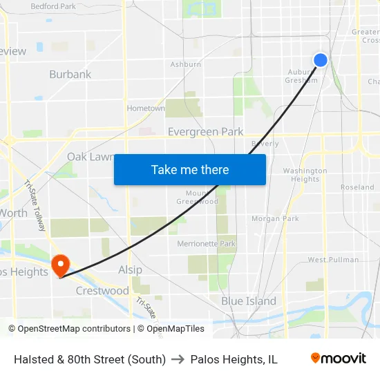 Halsted & 80th Street (South) to Palos Heights, IL map