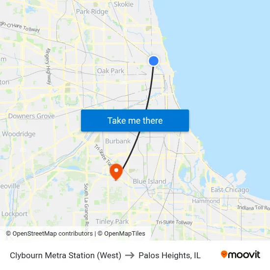 Clybourn Metra Station (West) to Palos Heights, IL map