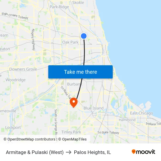 Armitage & Pulaski (West) to Palos Heights, IL map