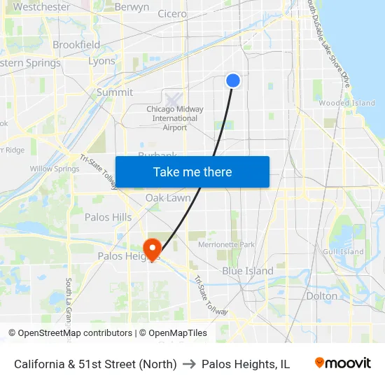 California & 51st Street (North) to Palos Heights, IL map