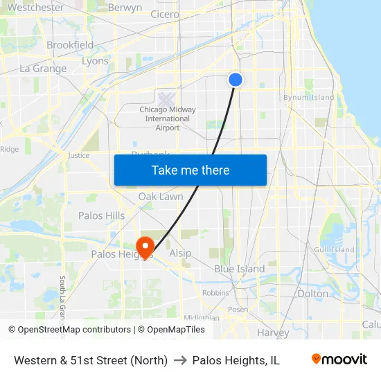 Western & 51st Street (North) to Palos Heights, IL map