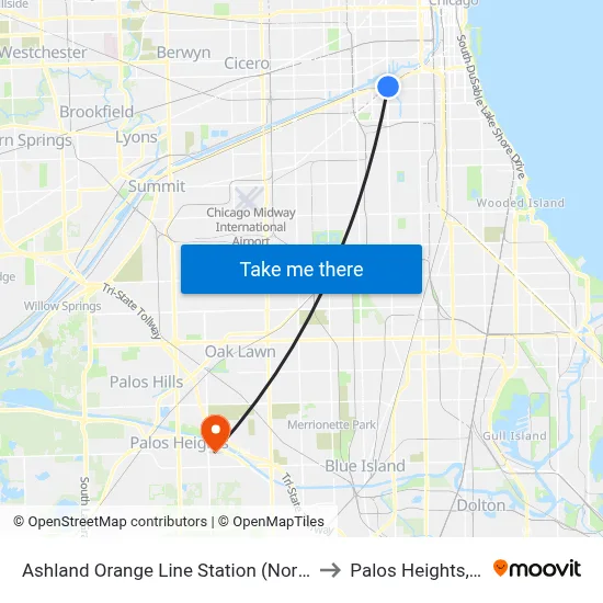 Ashland Orange Line Station (North) to Palos Heights, IL map