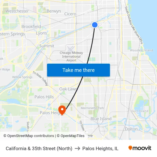 California & 35th Street (North) to Palos Heights, IL map