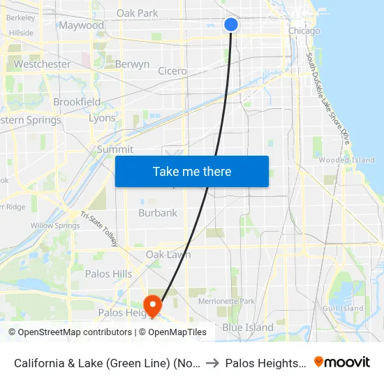 California & Lake (Green Line) (North) to Palos Heights, IL map
