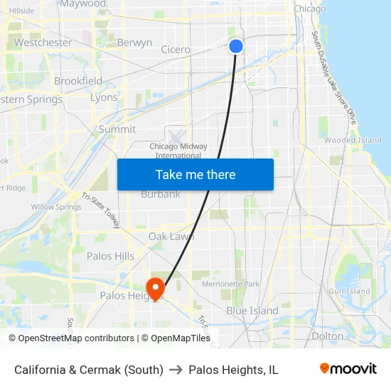 California & Cermak (South) to Palos Heights, IL map