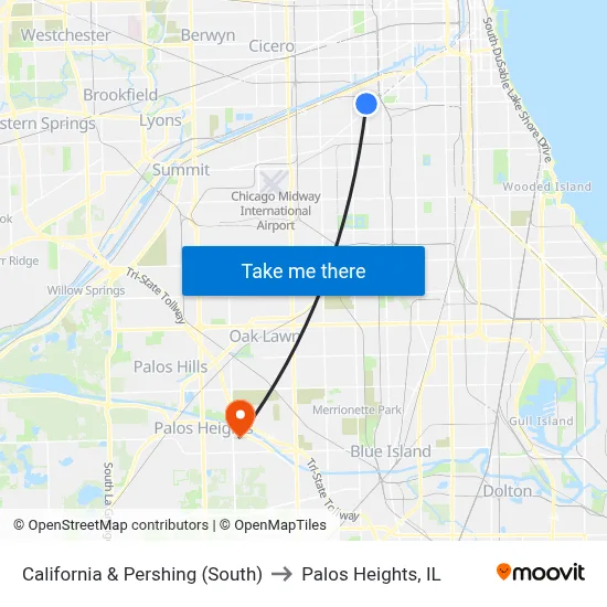California & Pershing (South) to Palos Heights, IL map