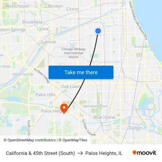 California & 45th Street (South) to Palos Heights, IL map