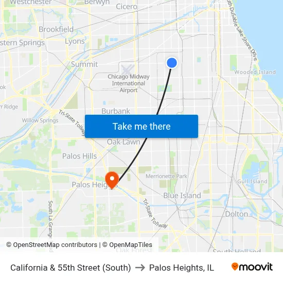 California & 55th Street (South) to Palos Heights, IL map