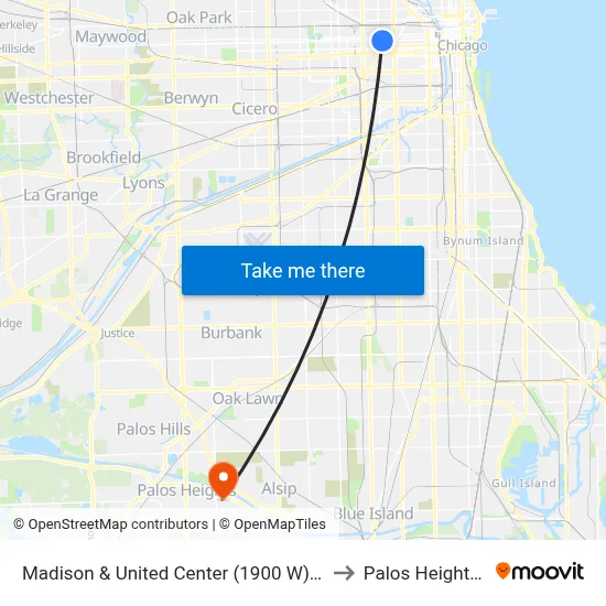Madison & United Center (1900 W) (East) to Palos Heights, IL map