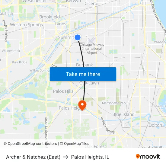 Archer & Natchez (East) to Palos Heights, IL map