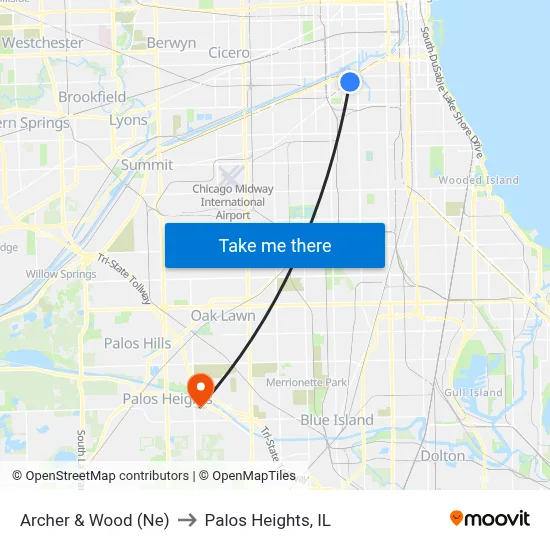 Archer & Wood (Ne) to Palos Heights, IL map
