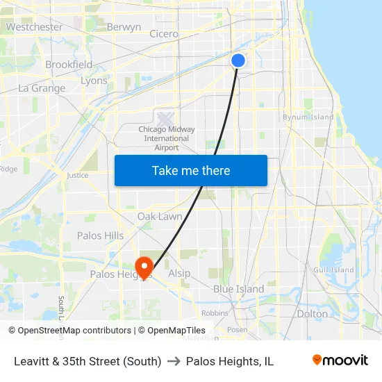 Leavitt & 35th Street (South) to Palos Heights, IL map