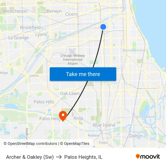 Archer & Oakley (Sw) to Palos Heights, IL map