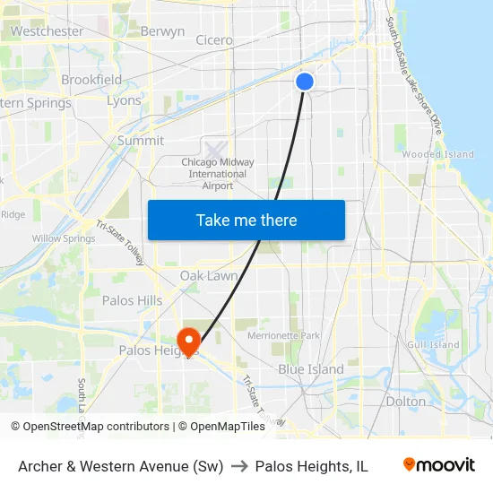 Archer & Western Avenue (Sw) to Palos Heights, IL map