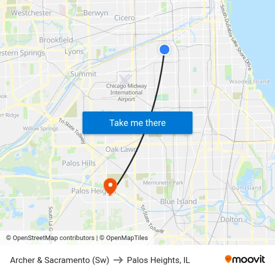 Archer & Sacramento (Sw) to Palos Heights, IL map