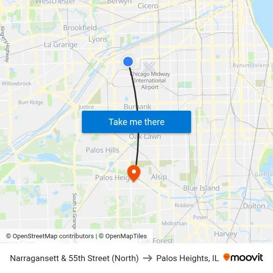 Narragansett & 55th Street (North) to Palos Heights, IL map