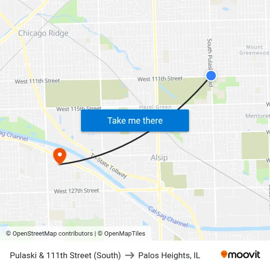 Pulaski & 111th Street (South) to Palos Heights, IL map