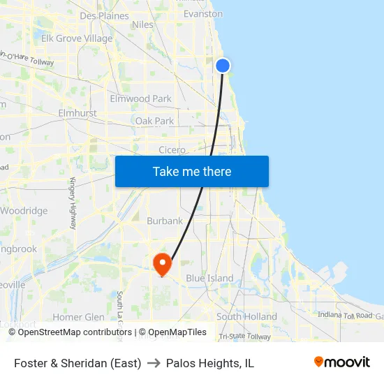 Foster & Sheridan (East) to Palos Heights, IL map