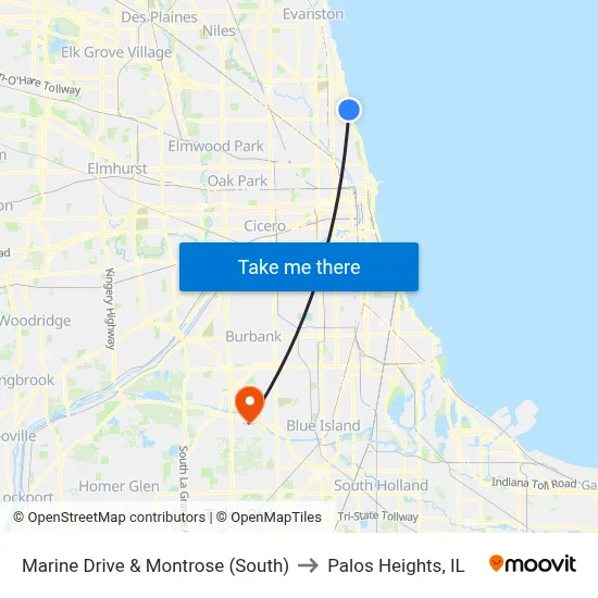 Marine Drive & Montrose (South) to Palos Heights, IL map