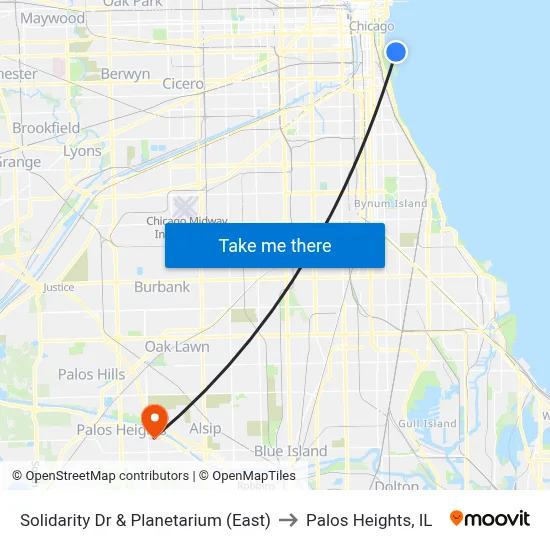 Solidarity Dr & Planetarium (East) to Palos Heights, IL map