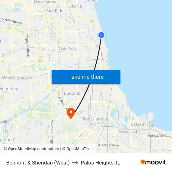 Belmont & Sheridan (West) to Palos Heights, IL map