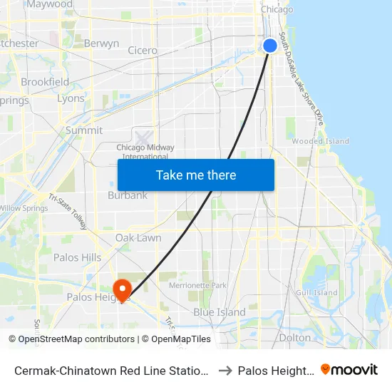 Cermak-Chinatown Red Line Station (West) to Palos Heights, IL map