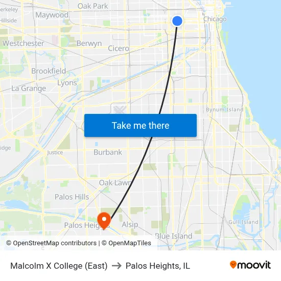 Malcolm X College (East) to Palos Heights, IL map