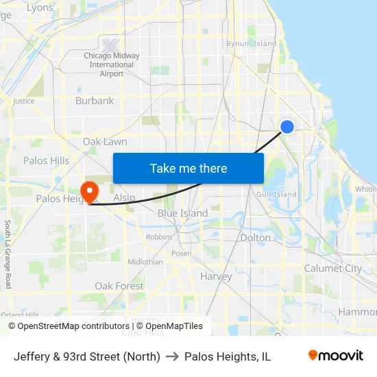 Jeffery & 93rd Street (North) to Palos Heights, IL map