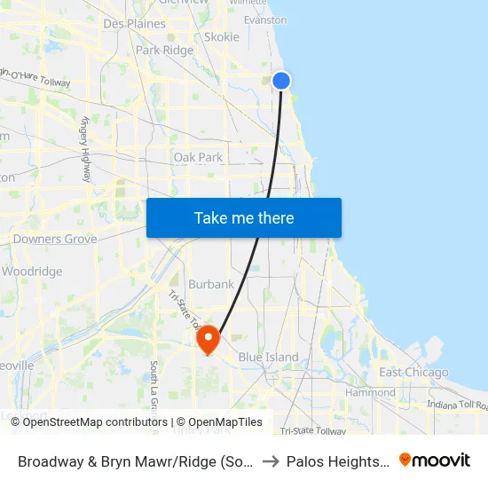 Broadway & Bryn Mawr/Ridge (South) to Palos Heights, IL map